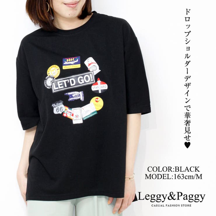 ステッカー風デザインTシャツ ゆったりサイドスリット入りT