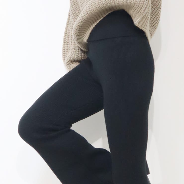 暖か裏起毛 リブニット フレアパンツ ウエスト折り返しデザイン | Leggy&Paggy | 詳細画像4 