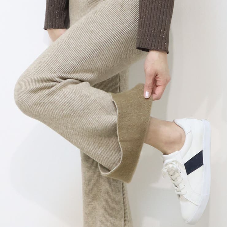 暖か裏起毛 リブニット フレアパンツ ウエスト折り返しデザイン | Leggy&Paggy | 詳細画像5 