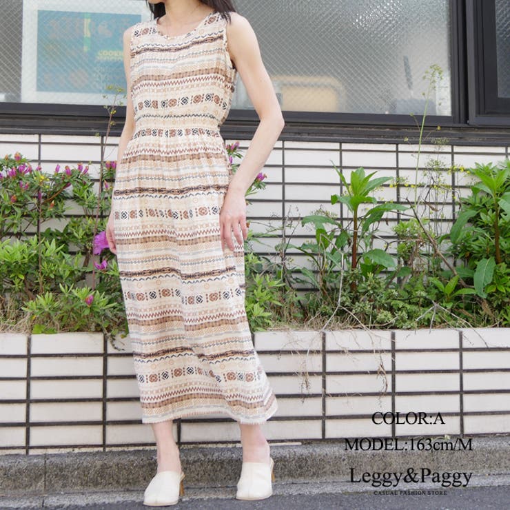 A | ノースリーブ ウエストギャザー ロングワンピース | Leggy&Paggy
