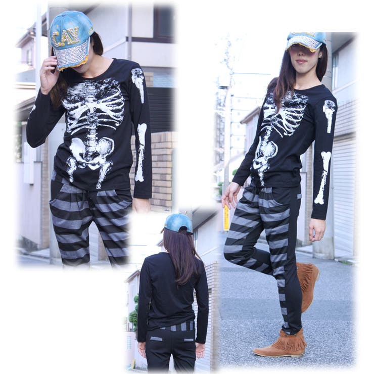 骨プリントデザイン長袖Tシャツ カットソー コスプレ[品番