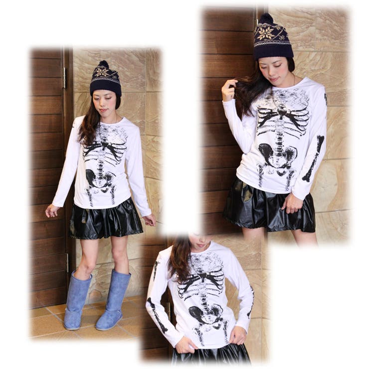骨（ボーン）プリントデザイン長袖Tシャツ カットソー コスプレ[品番