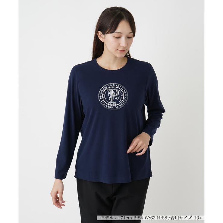 leilian - Leilian(レリアン) 長袖カットソー サイズ11 M レディース美品  - ブルー×白×ネイビー 花柄 Leilian / レリアン 刺繍クルーネックカットソー 花柄刺繍クルーネック