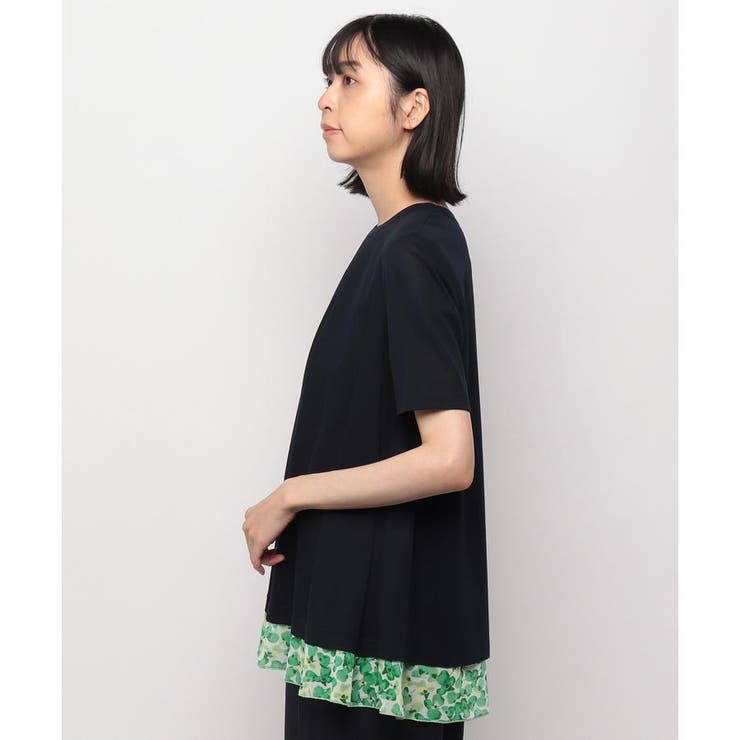 【新品】定価39,600円　レリアン　シフォン切替え半袖カットソー　緑　13＋ 新品】定価39,600円レリアンシフォン切替え半袖カットソー緑13＋