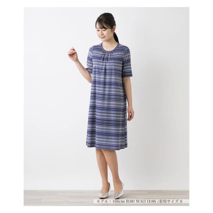 レリアン 希少サイズ ゆったり 上品 マルチボーダー フレアワンピース 洗えるマルチボーダー半袖ワンピース[品番：LAVW0016010]｜Leilian