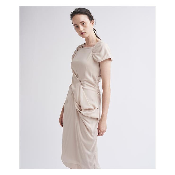 【売れ筋】 LANVIN ベージュ 38（ランダムタック ワンピース フリル袖 ワンピース
