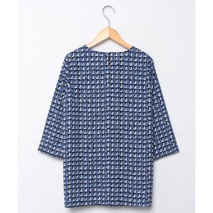 新品✨Leilian レリアン ツイードプリント7分袖カットソー ブルー 3XL 