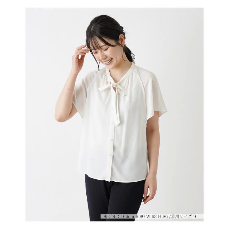 アイボリー | ボウタイ半袖シフォンブラウス | Leilian