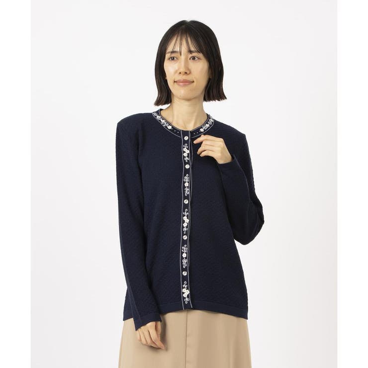 美品　試着のみ　Leilian花柄 長袖カーディガン ネイビー 美品試着のみLeilian花柄 長袖カーディガン ネイビー