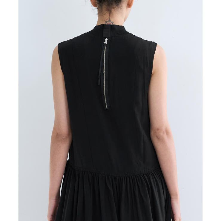 【美品】LANVIN en Bleuギャザーフリルワンピース ブラック/肩出し リブネックギャザーワンピース[品番：LAVW0009955]｜LANVIN en