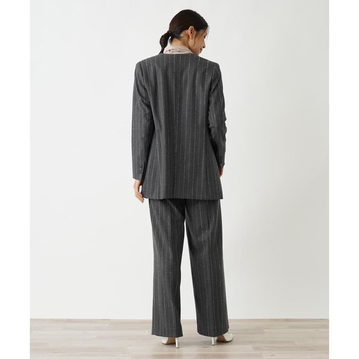 レリアン 黒ストライプ柄スーツセットアップ(ワンピース、ロングジャケット) レリアン 黒ストライプ柄スーツセットアップ(ワンピース、ロング
