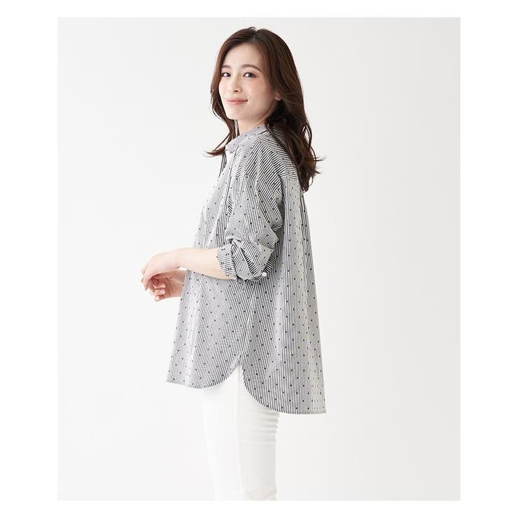 Leilian 洗えるドット×ストライプチュニック丈カットソー 17＋