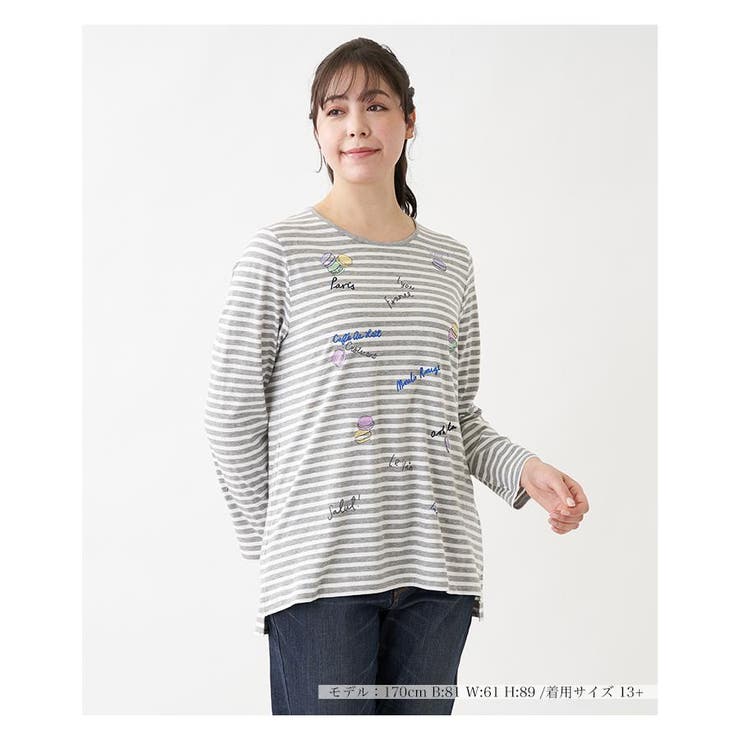 【Leilian Plus House】ボーダーフラワー柄　半袖カットソー　13 Leilian Plus House】ボーダーフラワー柄 半袖カットソー 13