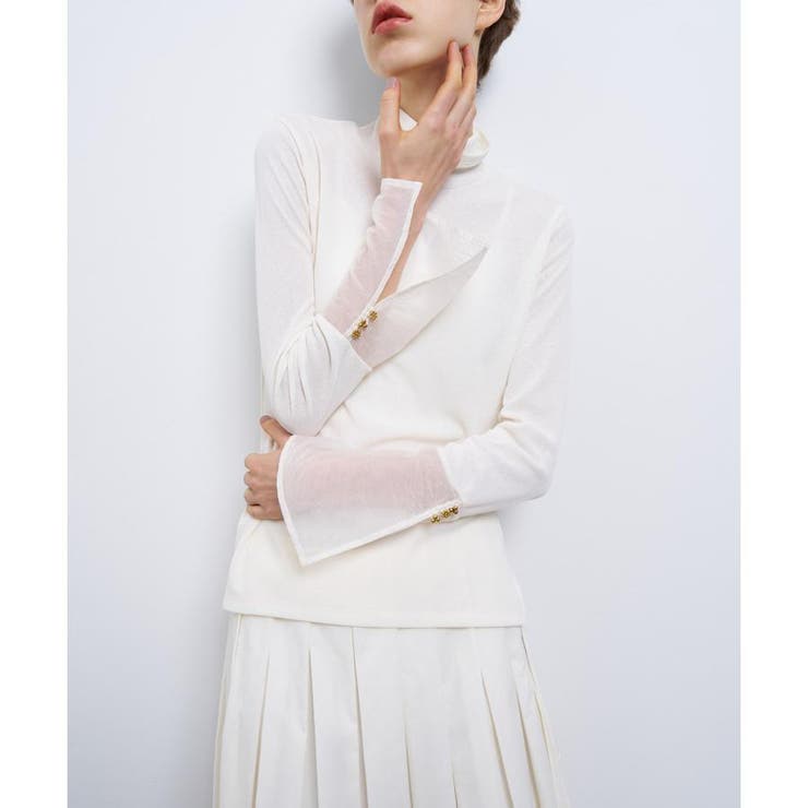 【未使用品】LANVIN シアーカフスコンビカットソー 白 未使用品】LANVIN シアーカフスコンビカットソー 白