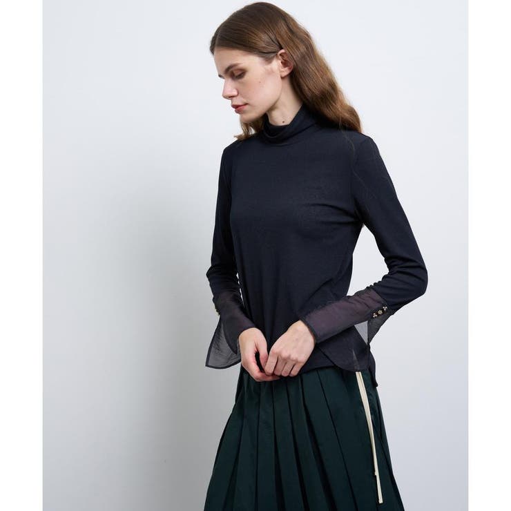 【未使用品】LANVIN シアーカフスコンビカットソー 白 未使用品】LANVIN シアーカフスコンビカットソー 白