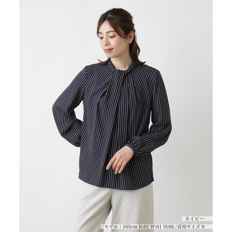 Leilian レリアン トップス チュニック 半袖 ストライプ柄 ネイビー系  