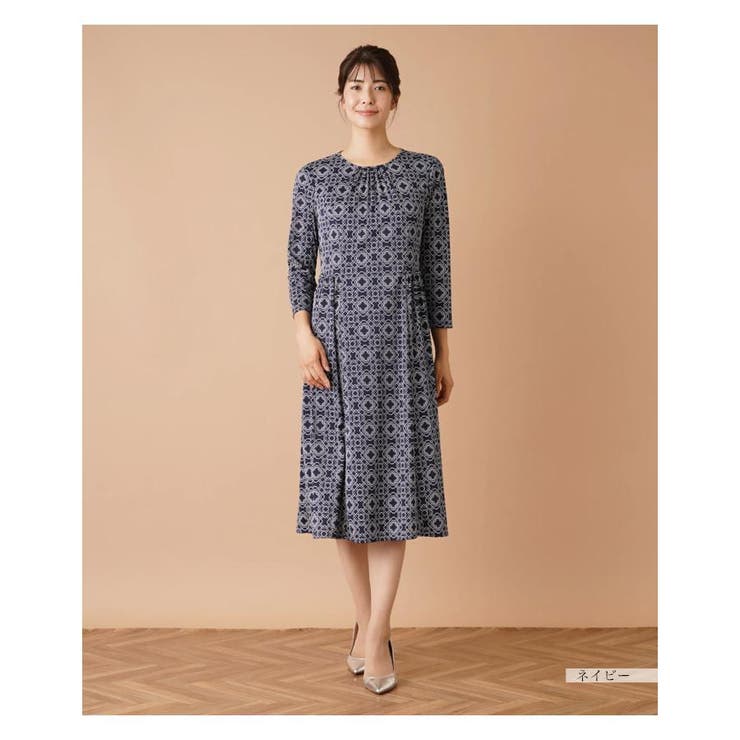 Leilian レリアン 洗える幾何学柄フレアワンピース ブラウン 幾何学柄フレアワンピース|レリアン | レリアン公式オンラインストア