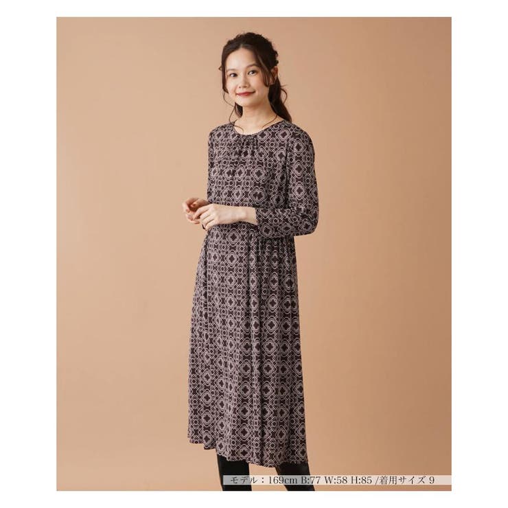 Leilian レリアン 洗える幾何学柄フレアワンピース ブラウン Leilian レリアン 洗える幾何学柄フレアワンピース ブラウン 洗える