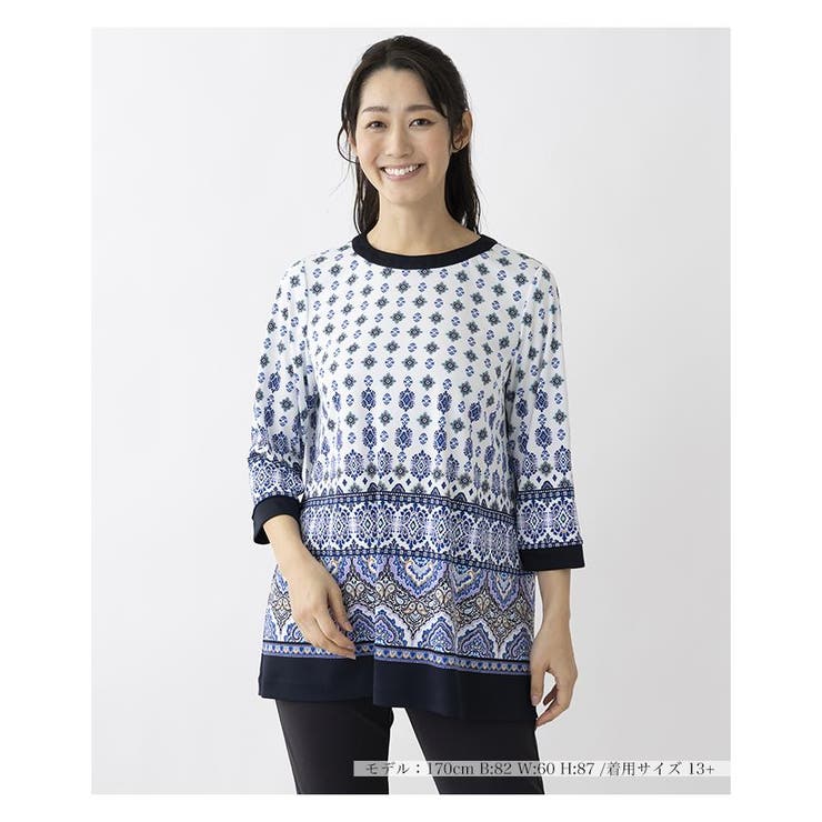 ネイビー | 洗える幾何学柄チュニック | Leilian PLUS HOUSE