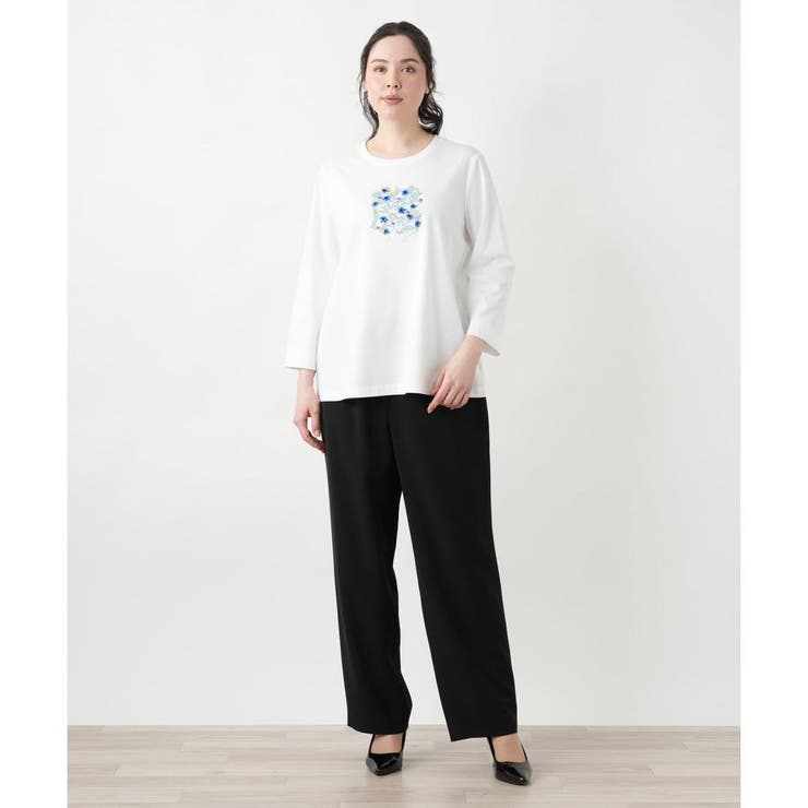 レース刺繍七分袖カットソー【Leilian WHITE