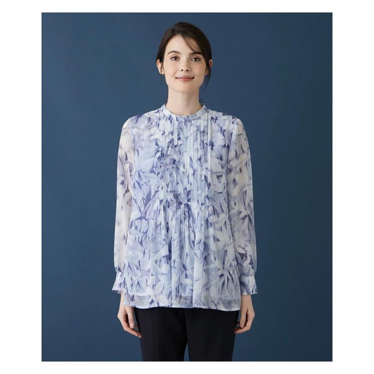 新品】定価53,900円レリアン花柄スタンドカラーブラウスブルー11
