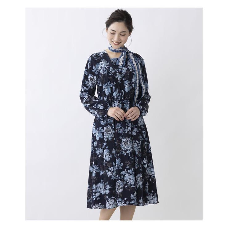 ネイビー | 洗えるフラワープリントワンピ-ス | Leilian