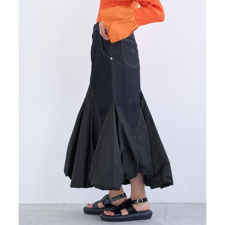 LANVIN en Bleu 【デニム　タックスカート】 デニムコンビネーションスカート[品番：LAVW0008665]｜LANVIN en