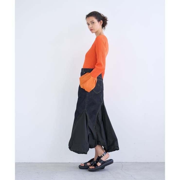 LANVIN ランバンオンブルー オーガニックコットンデニム切替スカート デニムコンビネーションスカート[品番：LAVW0008665]｜LANVIN en