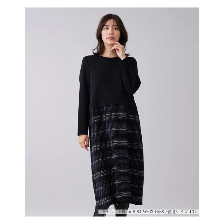 ネイビー | チェック切替ドッキングワンピース | Leilian PLUS HOUSE