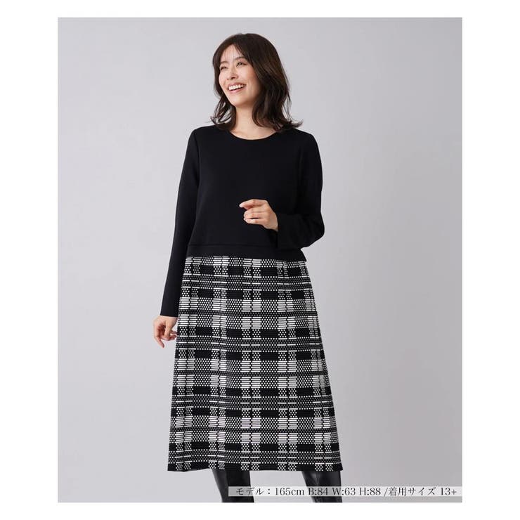 ブラック | チェック切替ドッキングワンピース | Leilian PLUS HOUSE