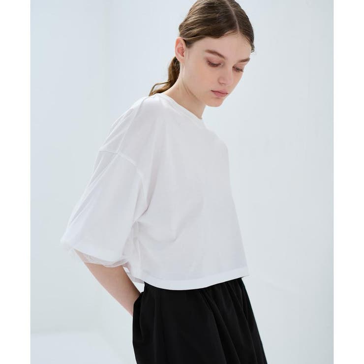 ランバンオンブルー　袖チュールのトップス クロップドチュールスリーブTシャツ[品番：LAVW0015728