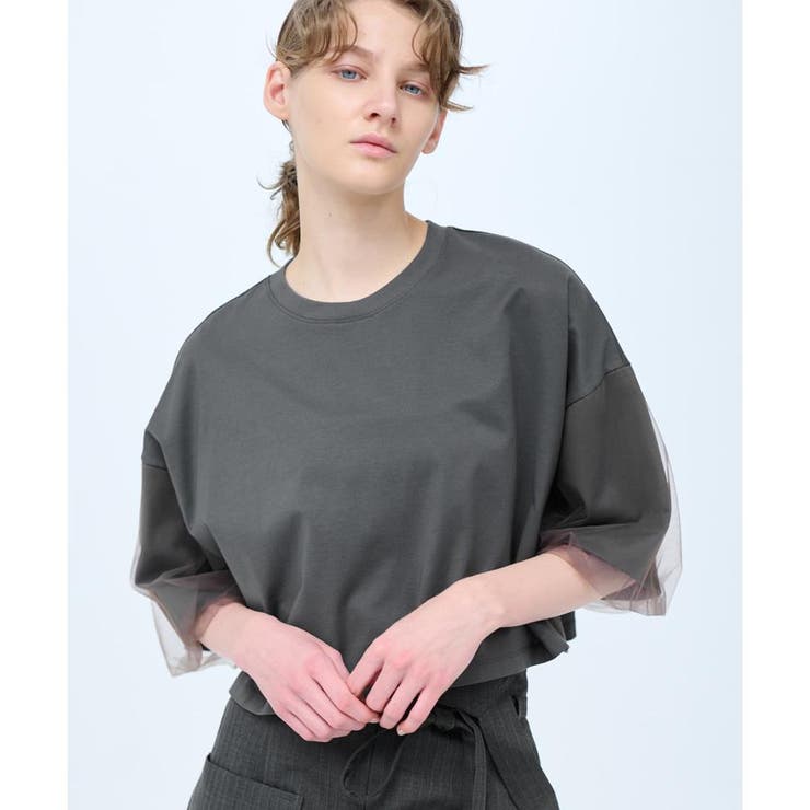 ランバンオンブルー　袖チュールのトップス クロップドチュールスリーブTシャツ[品番：LAVW0015728
