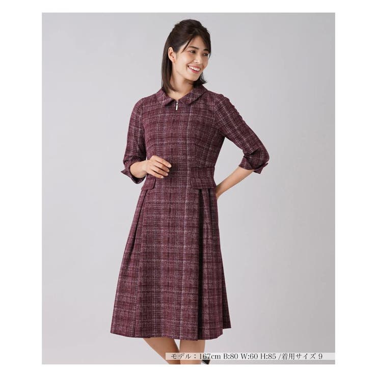 Leilian （レリアン） パイピング長袖ワンピース 毛混厚手 バイカラー