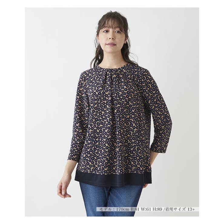 Leilian レリアン 13+ ストライプ　花柄　チュニック　ブラウン Leilian レリアン 13+ ストライプ 花柄 チュニック ブラウン
