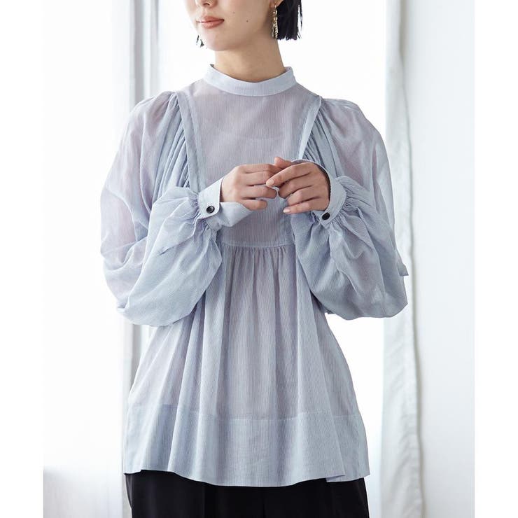 美品 ランバンオンブルー ボリュームスリーブブラウス ストライプ ネイビー 38 美品 ランバンオンブルー ボリュームスリーブブラウス