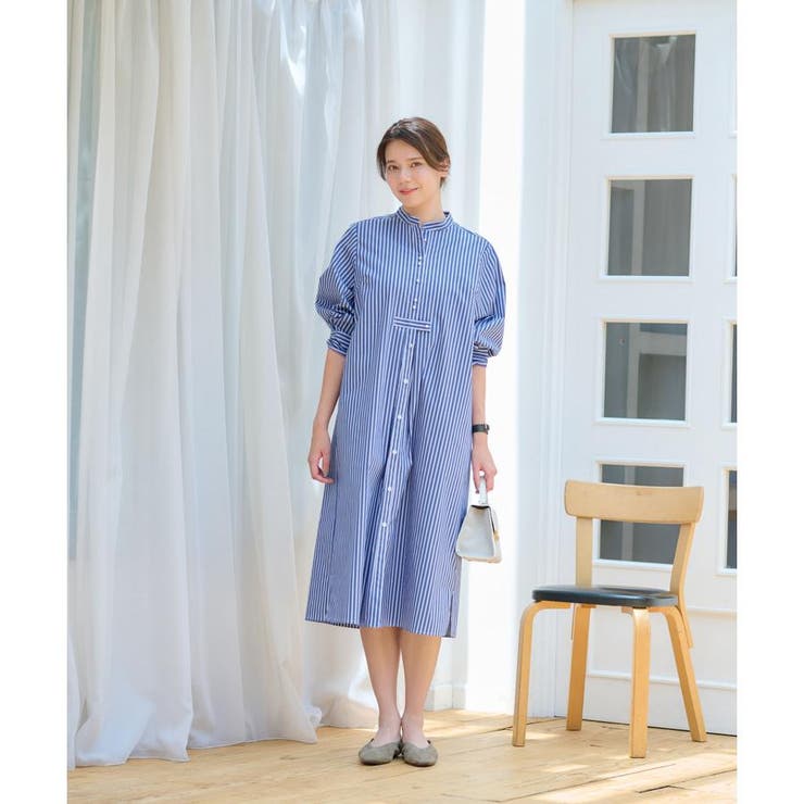 Leilian MUSE BY ROCHAS コットンワンピース ストライプ柄 Leilian MUSE BY ROCHAS コットンワンピース ストライプ柄