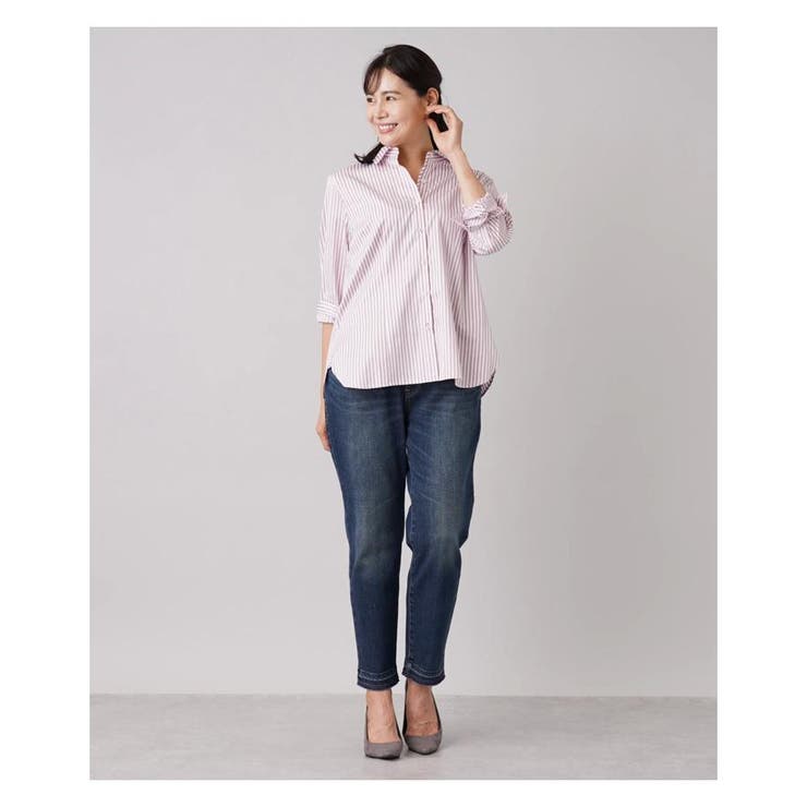 美品 Leilian ストライプ チュニック シャツ ストレッチ 大きい 13+