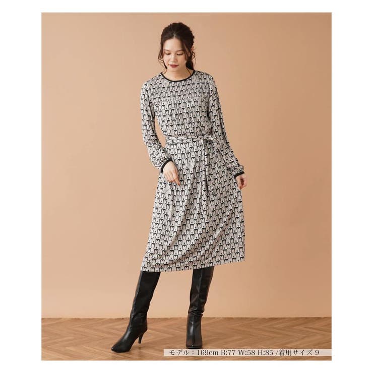 美品☆ROCHAS Premiere レリアン 総柄リボンタイロングワンピース  