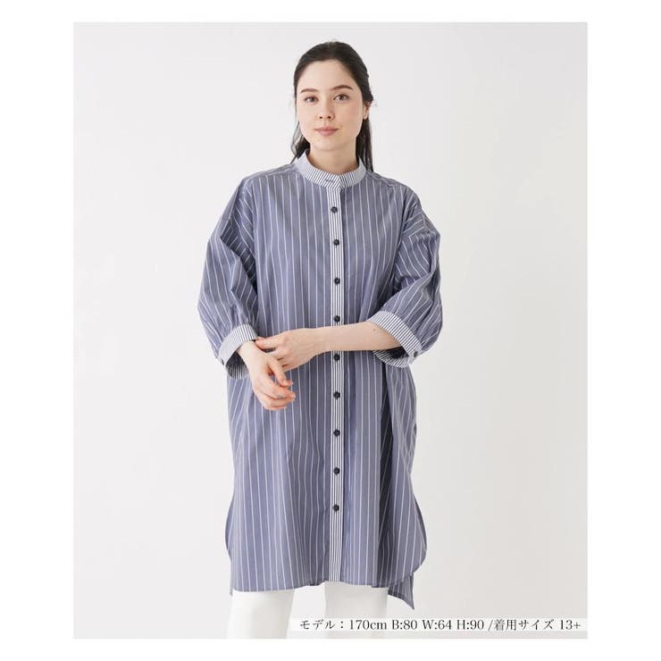 ブルー系 | ストライプ切替チュニックブラウス | Leilian PLUS HOUSE