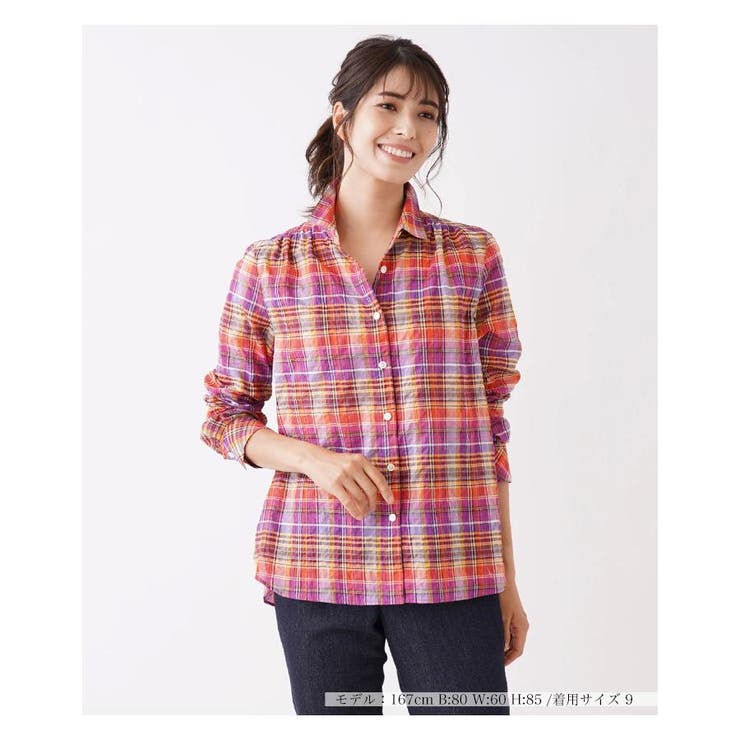 【極美品】Leilian　コンビシャツカットソー　マドラスチェック　大きいサイズ マドラスチェックブラウス[品番：LAVW0001274]｜Leilian（レリアン