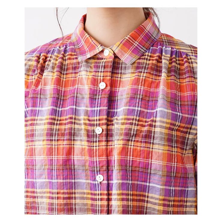 【極美品】Leilian　コンビシャツカットソー　マドラスチェック　大きいサイズ マドラスチェックブラウス[品番：LAVW0001274]｜Leilian（レリアン