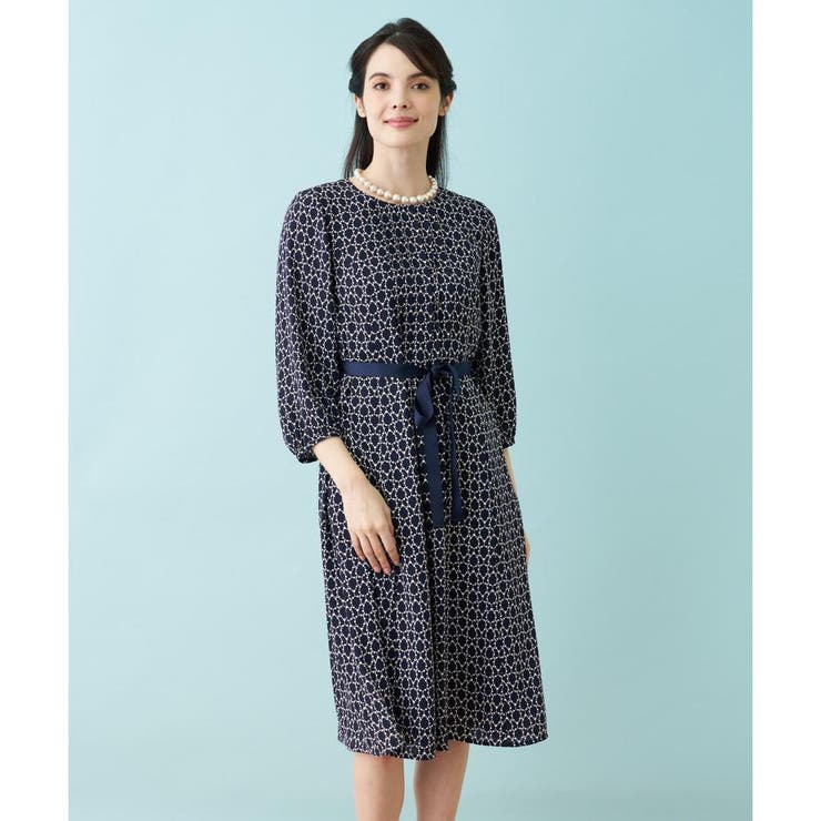 Leilian レリアン 洗える幾何学柄フレアワンピース ブラウン