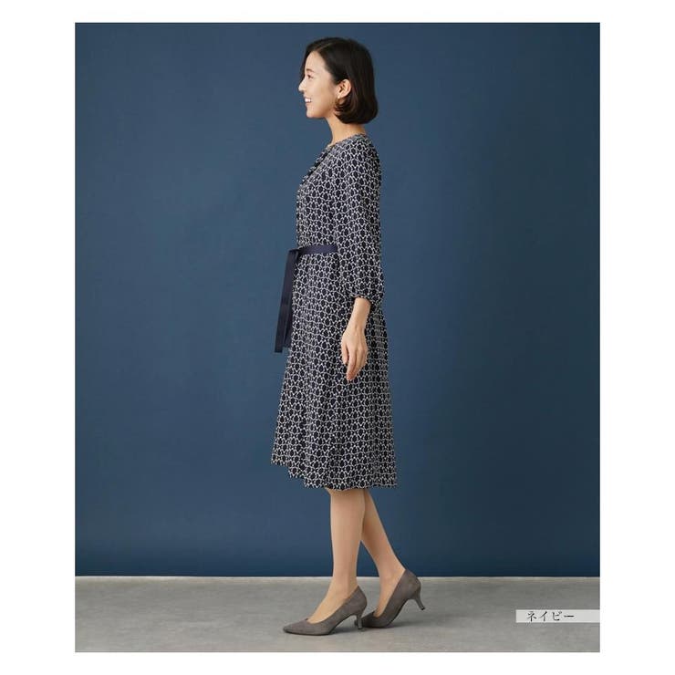 Leilian レリアン 洗える幾何学柄フレアワンピース ブラウン 洗える