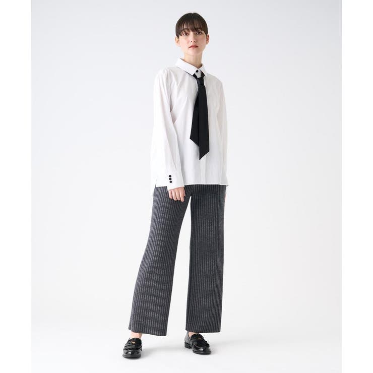 LANVIN ホワイト/ブラックリボンVネック長袖シャツ LANVIN ホワイト