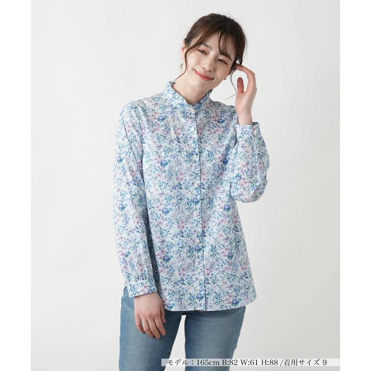 Leilian】レリアン 長袖 シャツ ブラウス 9 花柄 ブルー系 美品 長袖 
