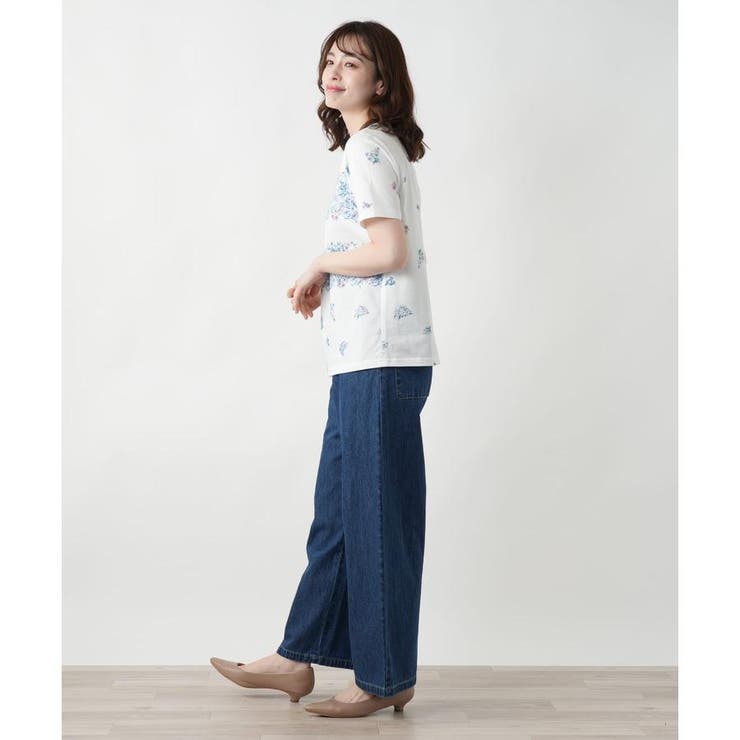 Leilian / レリアン プリントクルーネックカットソー 刺繍フレンチスリーブカットソー【Leilian WHITE LABEL