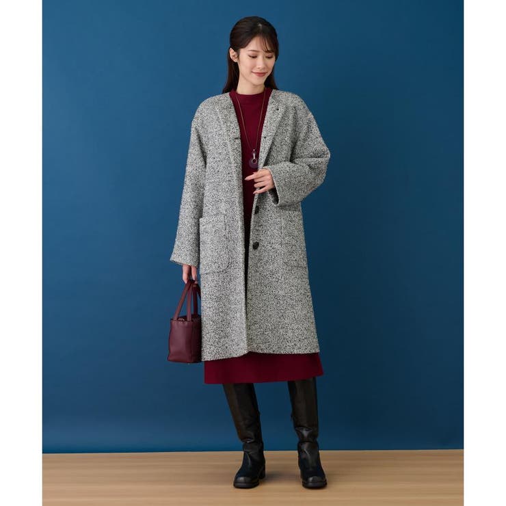 【大きいサイズ】レリアン★総柄 ツイード ウールコート フランス生地 切替え ツイードノーカラーコート[品番：LAVW0018547]｜Leilian（レリアン）の