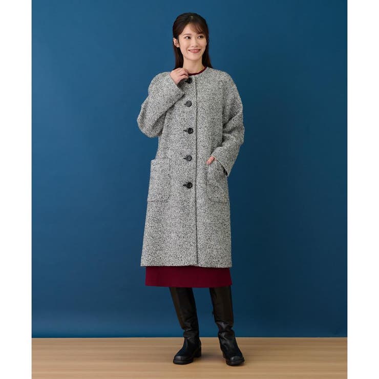 レリアン　マフラー付きツイードノーカラーロングジャケット　９　未使用品 レリアン マフラー付きツイードノーカラーロングジャケット 9 未使用品