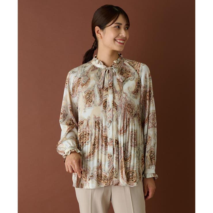 Leilian レリアン 13+ ストライプ　花柄　チュニック　ブラウン Leilian レリアン 13+ ストライプ 花柄 チュニック ブラウン