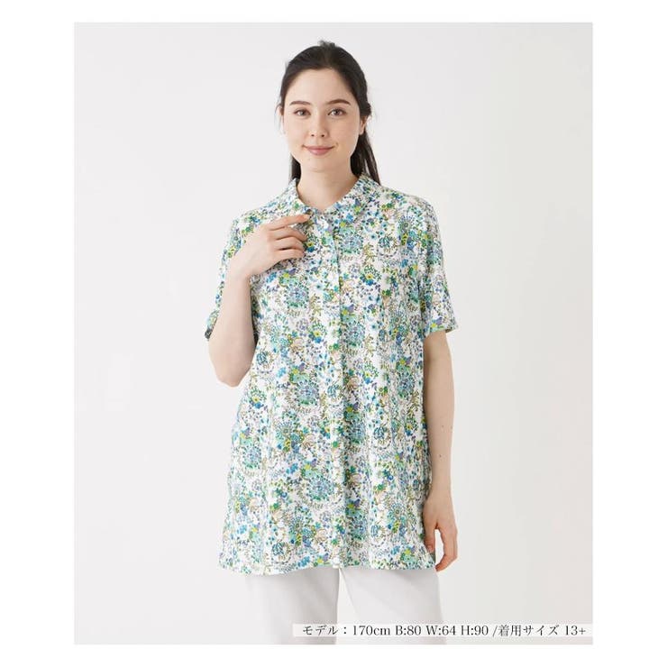 レリアン Leilian ノースリーブ カットソー ブラウス フラワープリント 花柄 グリーン 緑 13+ 大きいサイズ 美品 レディース leilian - レリアン ノースリーブ カットソー ブラウス フラワー